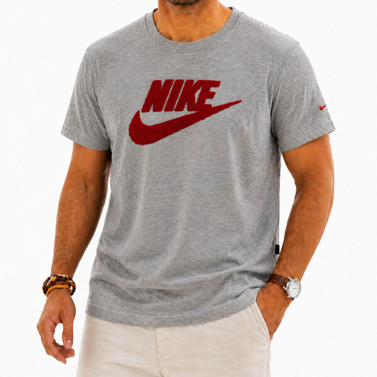 NIKE Men's Chenille Graphic Logo Heather Grey T-Shirt