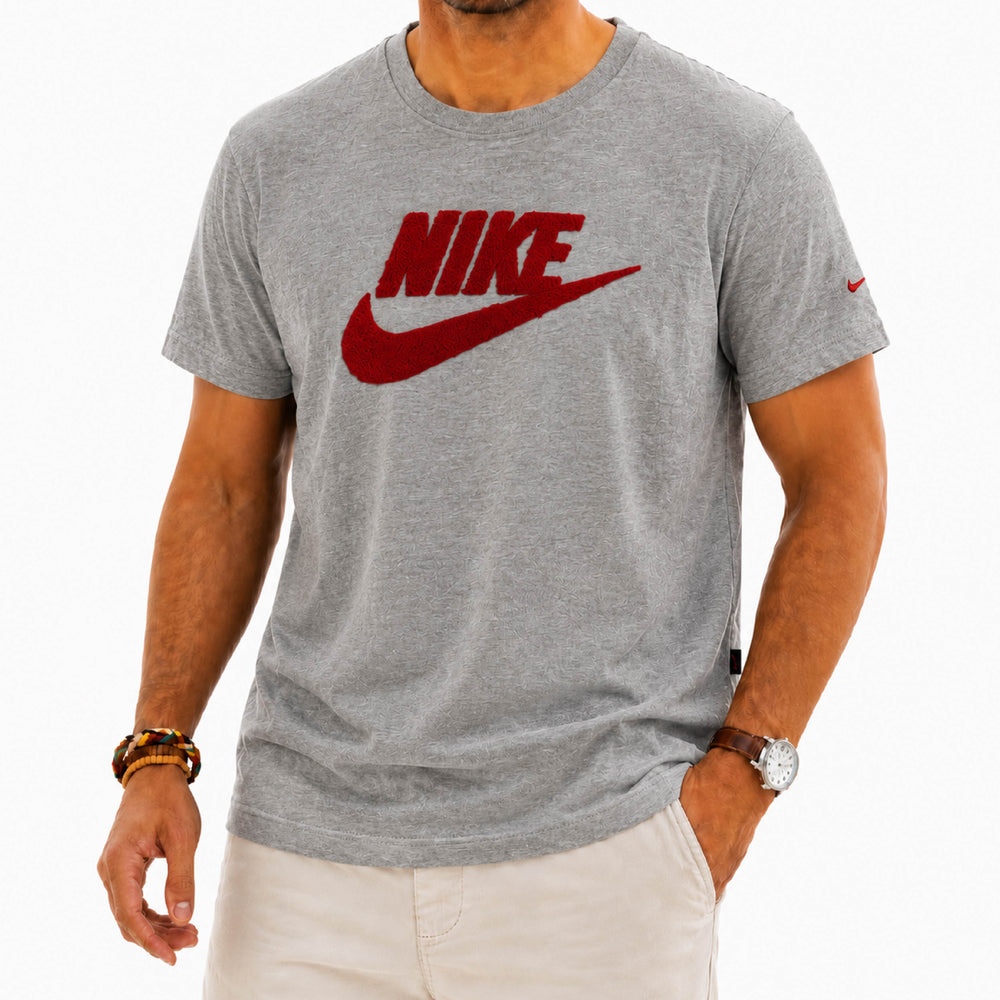 NIKE Men's Chenille Graphic Logo Heather Grey T-Shirt
