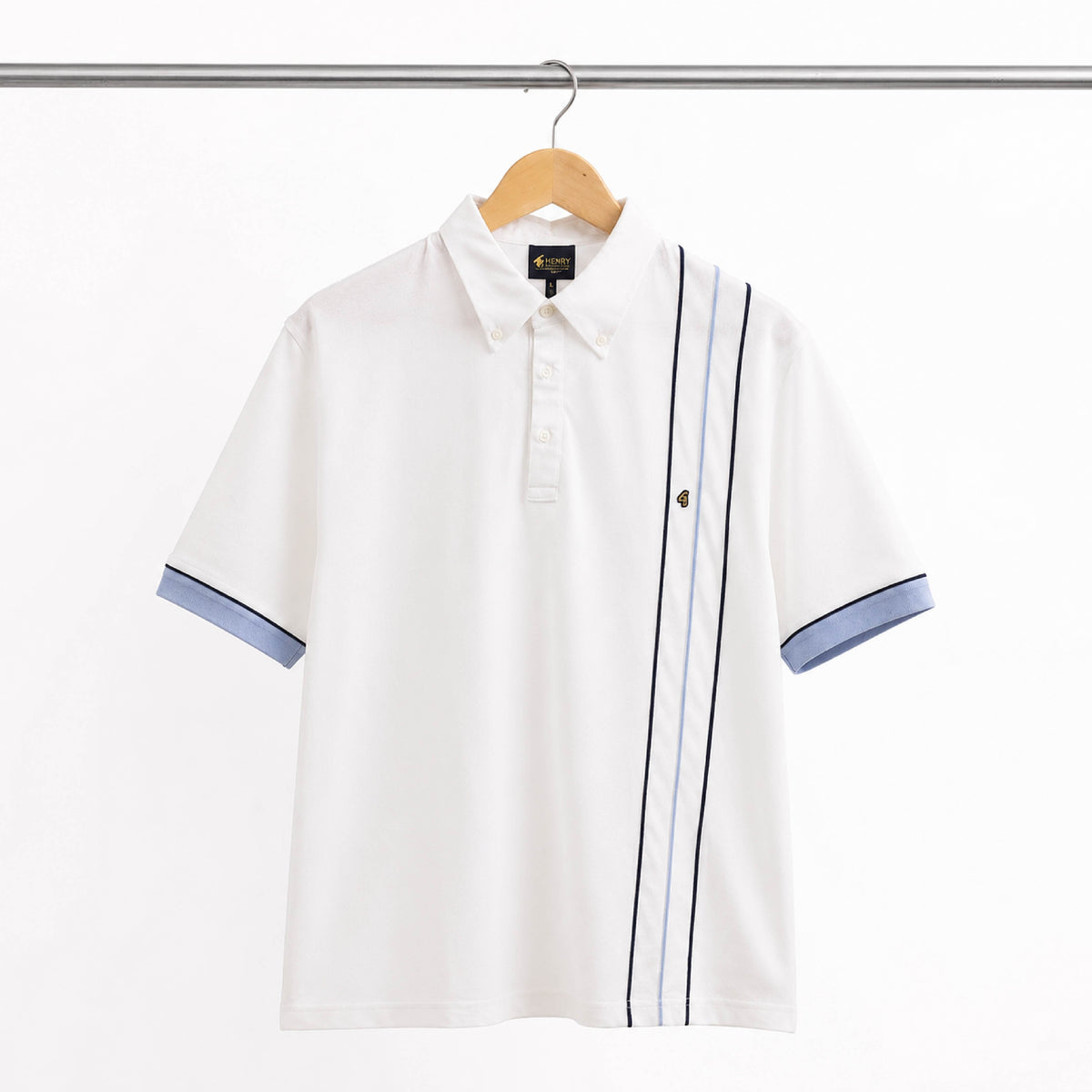 HENRY Vertical Stripe Button-Down Collar White Polo Shirt