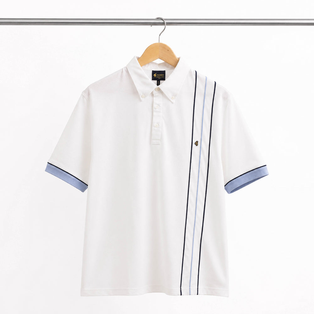 HENRY Vertical Stripe Button-Down Collar White Polo Shirt - Back