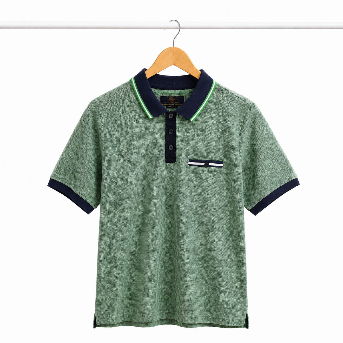 BRUMANO Contrast Trim Textured Sage Green Polo Shirt