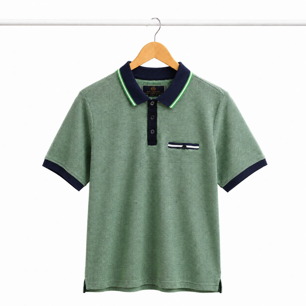 BRUMANO Contrast Trim Textured Sage Green Polo Shirt - Back