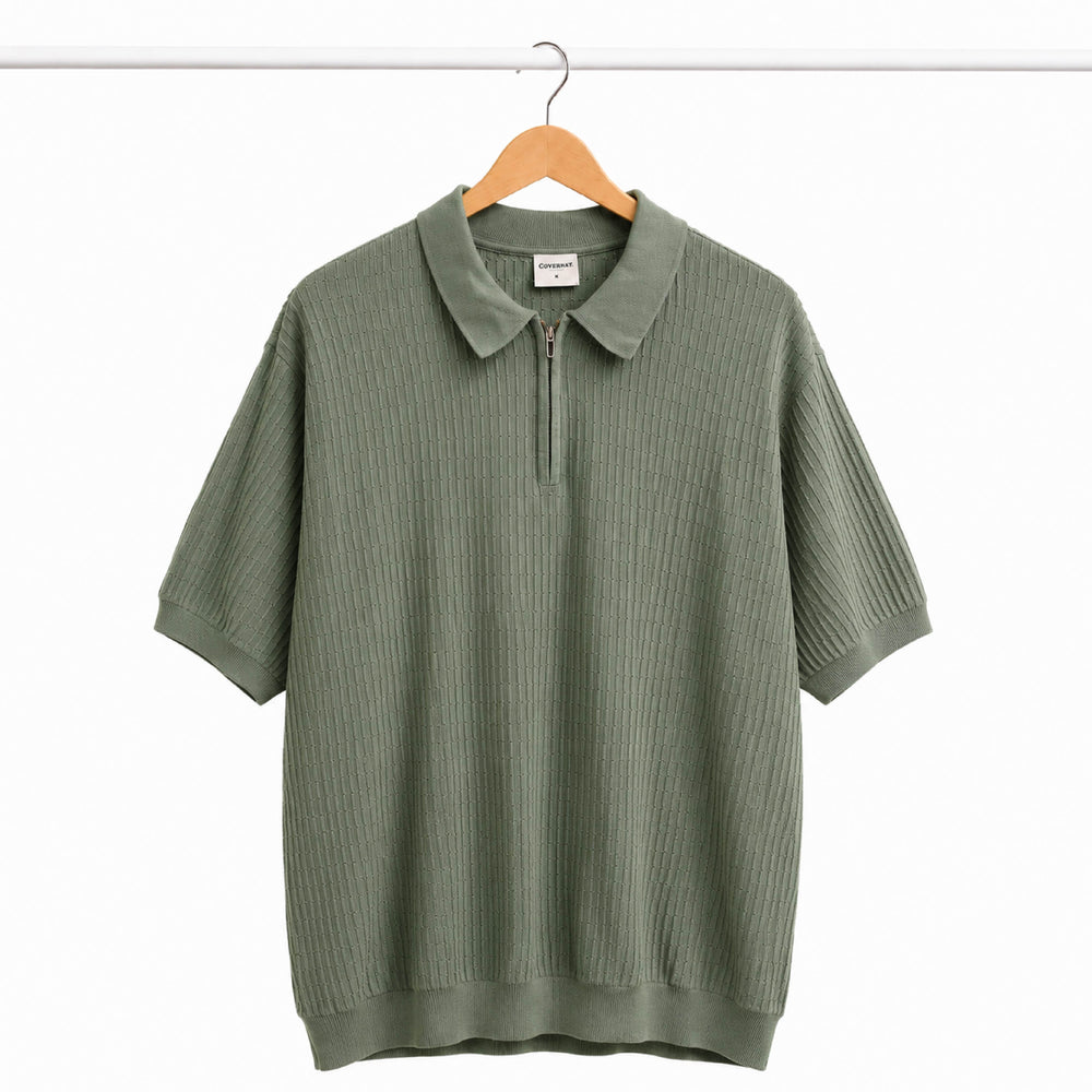 COVERNAT Textured Cable Knit Half-Zip Sage Polo Shirt - Back