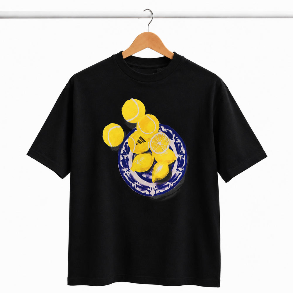 Lemons & Tennis Balls Ceramic Plate Graphic Black T-Shirt - Back